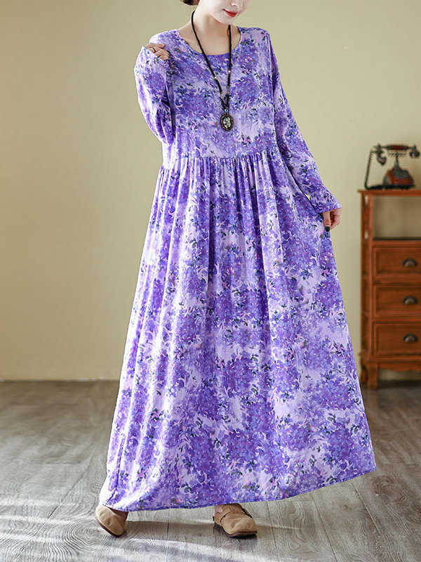 Linen Dress Wrap - Gaun Panjang Kerah Bulat Gaya Baru