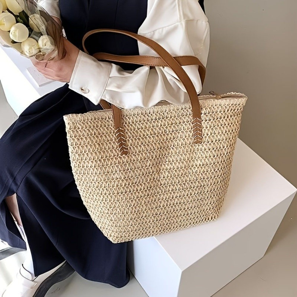 Tote Bag Beach - Tas Tote Anyaman Warna Solid Modis,