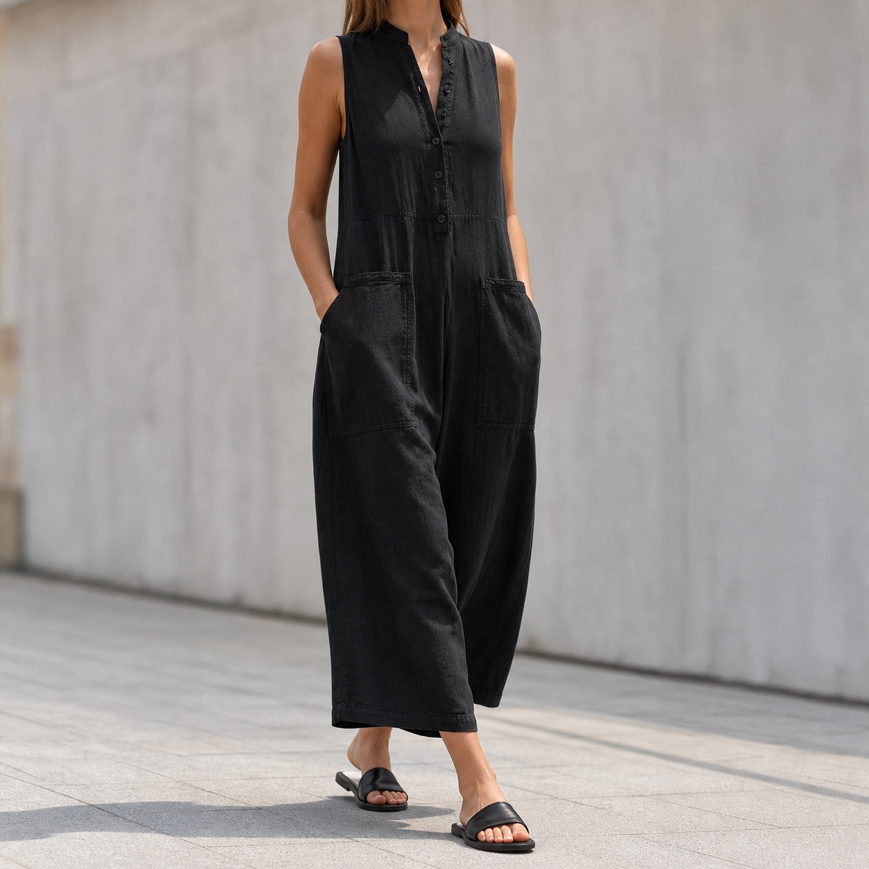 Jumpsuit Linen Relaxed - Jumpsuit Wanita Tanpa Lengan Kerah Mandarin,