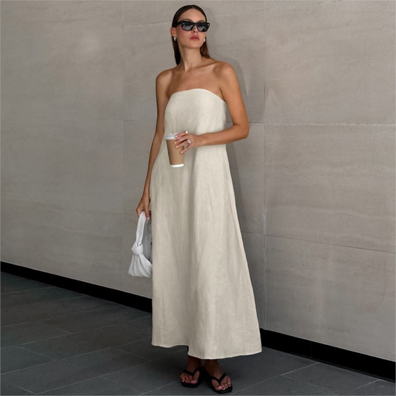 Linen Dress Wrap - Gaun Panjang Linen Katun Tanpa Tali