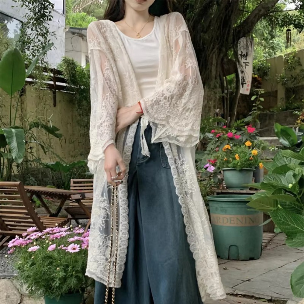 Kimono Sheer Floral - Blus renda ringan dengan tali, bordir,