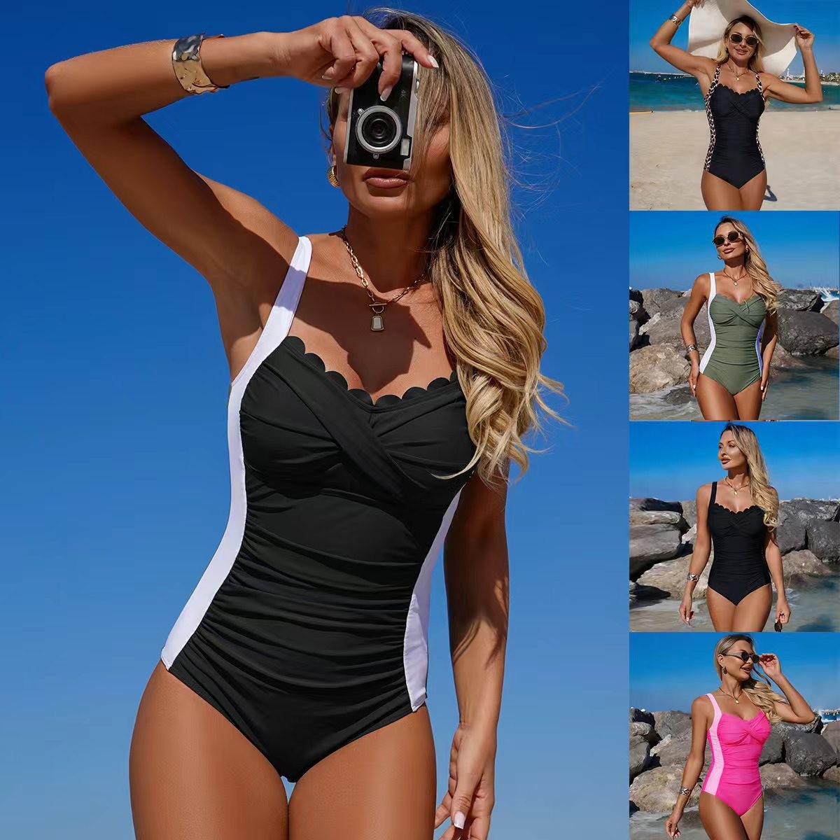 Swimsuit Bikini Ruched - Baju Renang Hitam dengan Kerah Bergelombang,
