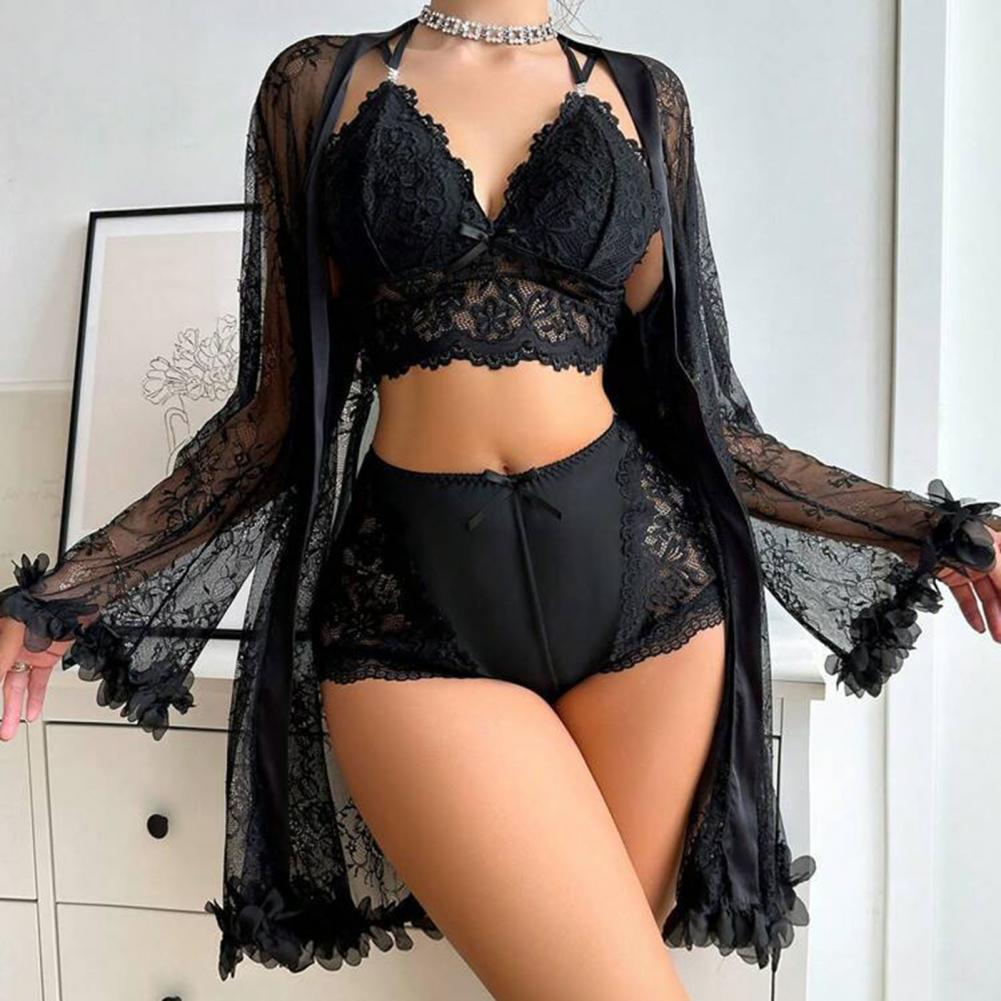Kimono Sheer Floral - Set Pakaian Tidur Seksi Jubah Tidur