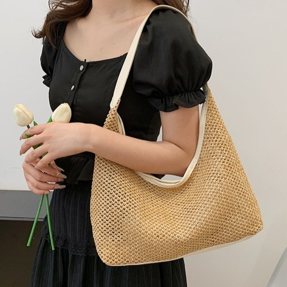 Tote Bag Beach - Tas Jerami Anyaman Warna Solid Lucu