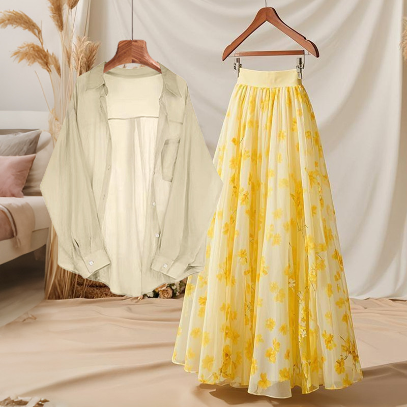 Midi Skirt Floral - Set Pakaian Musim Panas Kemeja Lengan