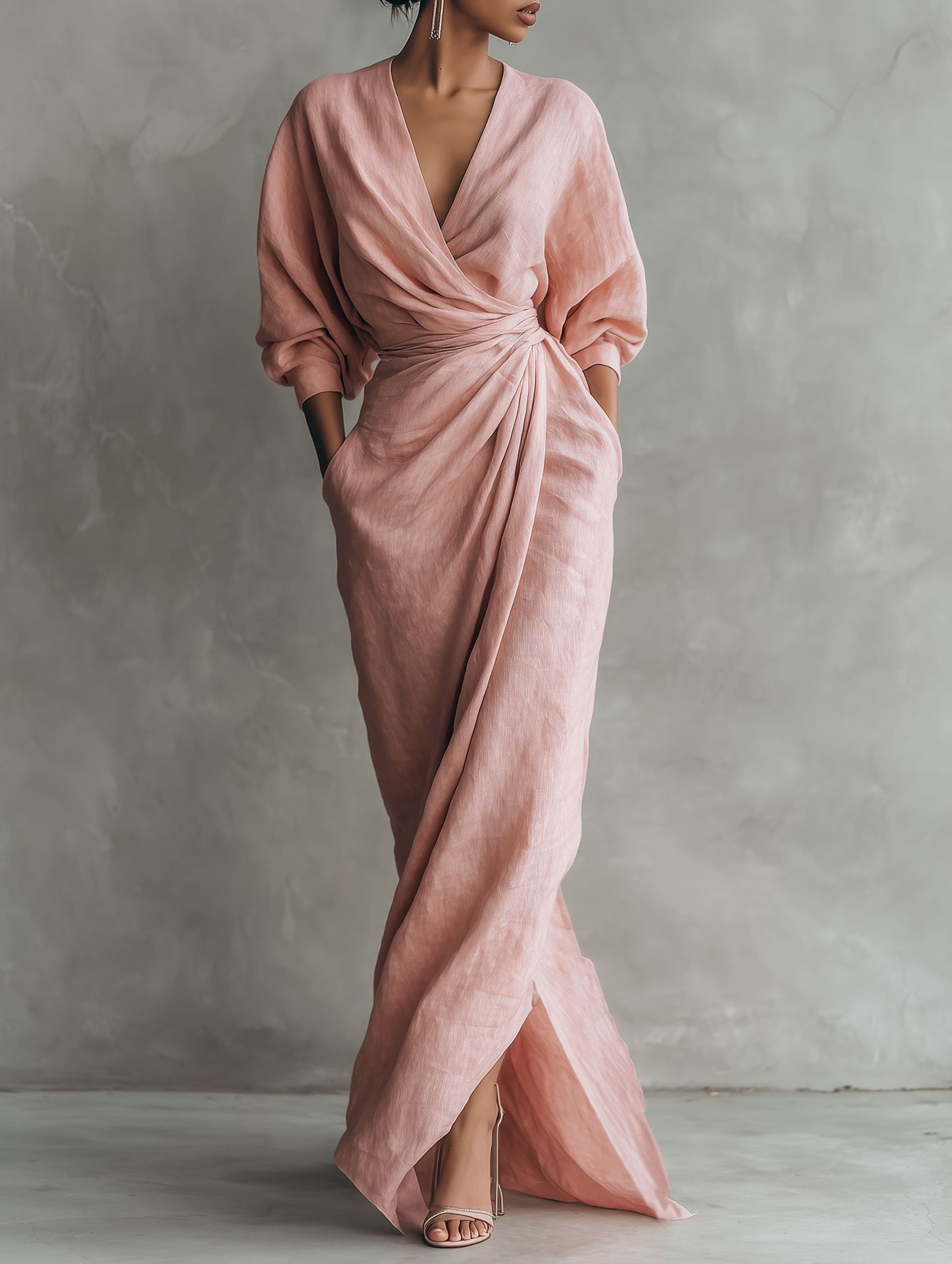 Linen Dress Wrap - Gaun Maxi Wanita Bahan Linen Campuran