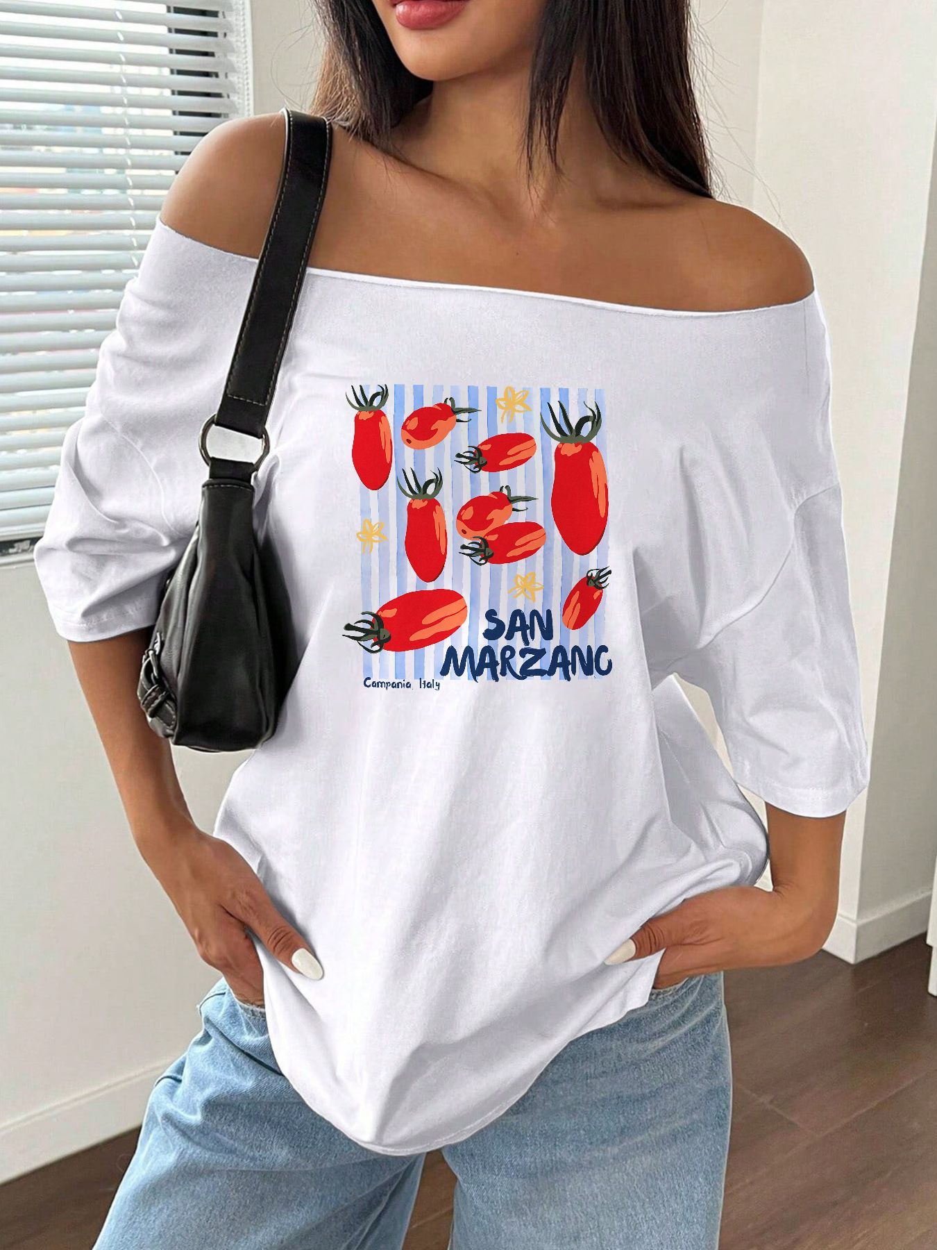 Blouse Off Shoulder - Kaus Oblong Longgar Bahu Motif Tomat