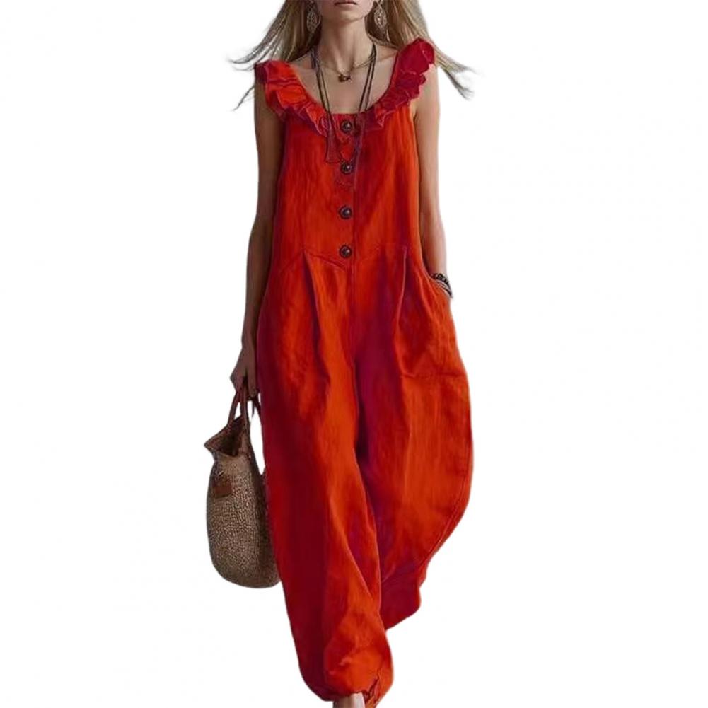 Jumpsuit Linen Relaxed - Romper Santai Wanita Jumpsuit Kerah Bulat
