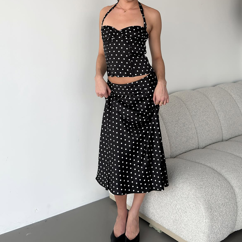 Crop Top Crochet - Set Dua Potong Rok Polkadot Pakaian