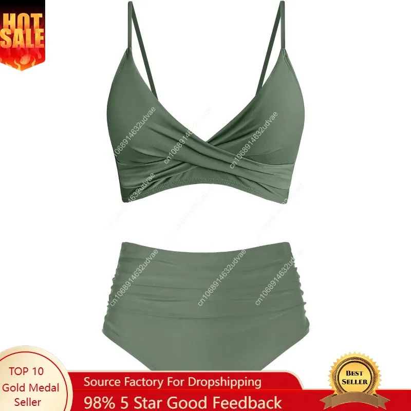 Swimsuit Bikini Ruched - Set Bikini Wanita Pinggang Tinggi Push