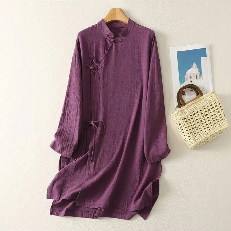 Linen Dress Wrap - Gaun Tunik Linen Kancing Katak Gaya