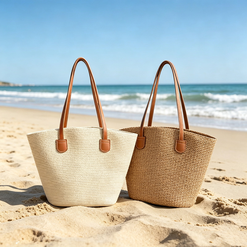 Tote Bag Beach - CLAREGQI Tas Jinjing Jerami Warna Solid
