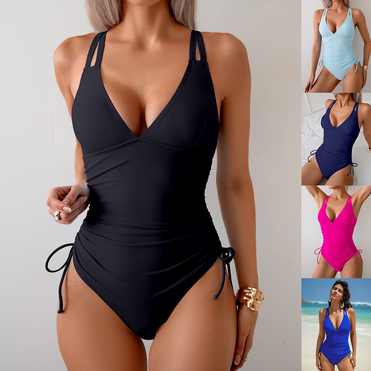 Swimsuit Bikini Ruched - Baju Renang Hitam Polos V-Neck Berkerut