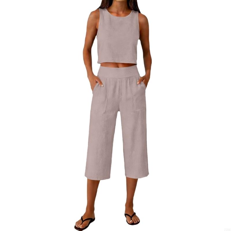 Linen Pant Wide - 77HE Pakaian 2 Potong Wanita Atasan