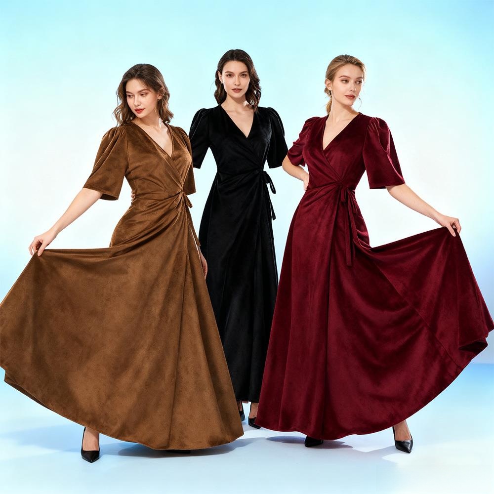 Linen Dress Wrap - Gaun Beludru Warna Polos Model V-Neck
