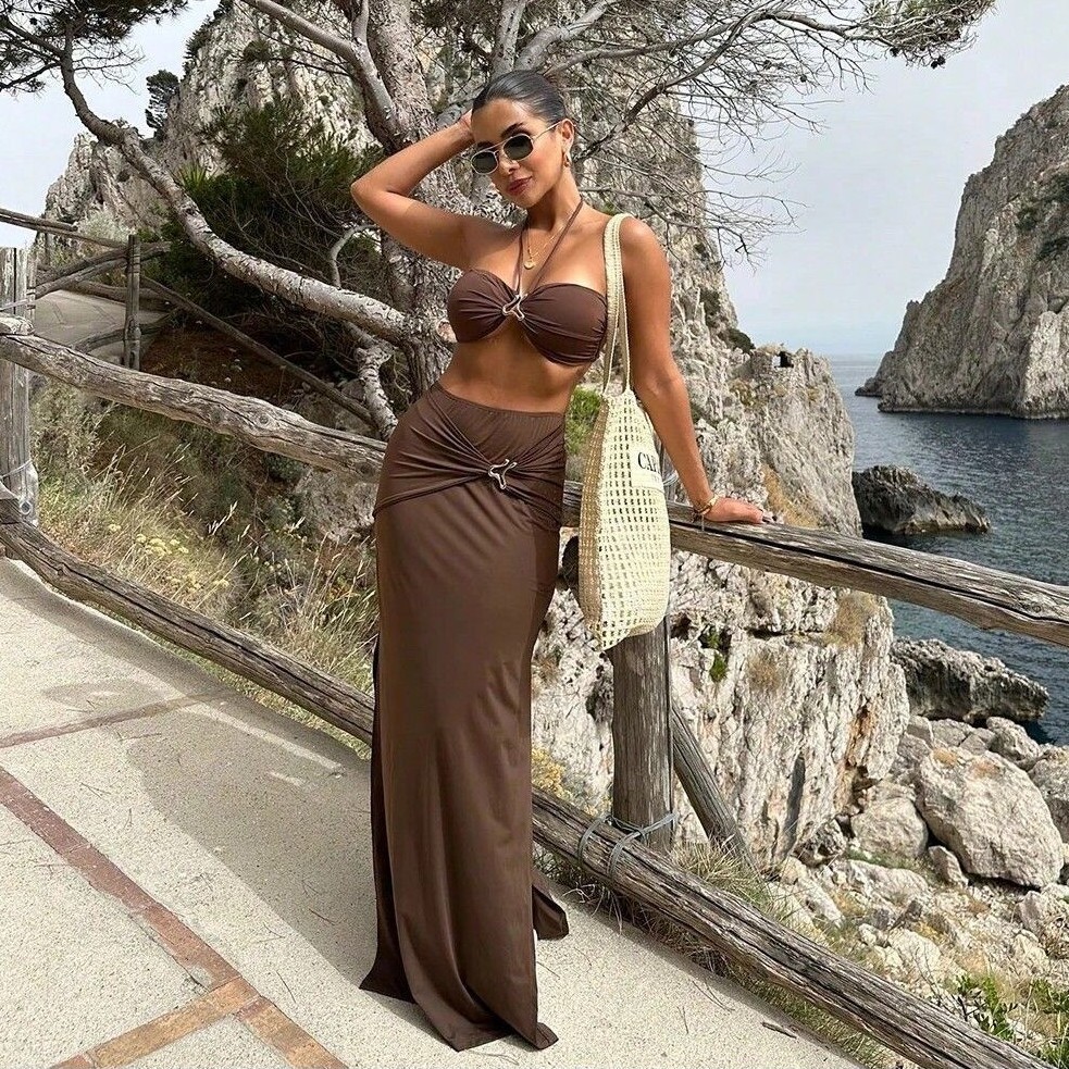 Swimsuit Bikini Ruched - Bikini Tankini Tanpa Lengan Wanita, Halter