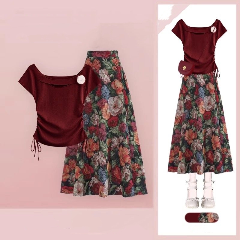 Midi Skirt Floral - Kaus Merah Anggur Keberuntungan Wanita Rok