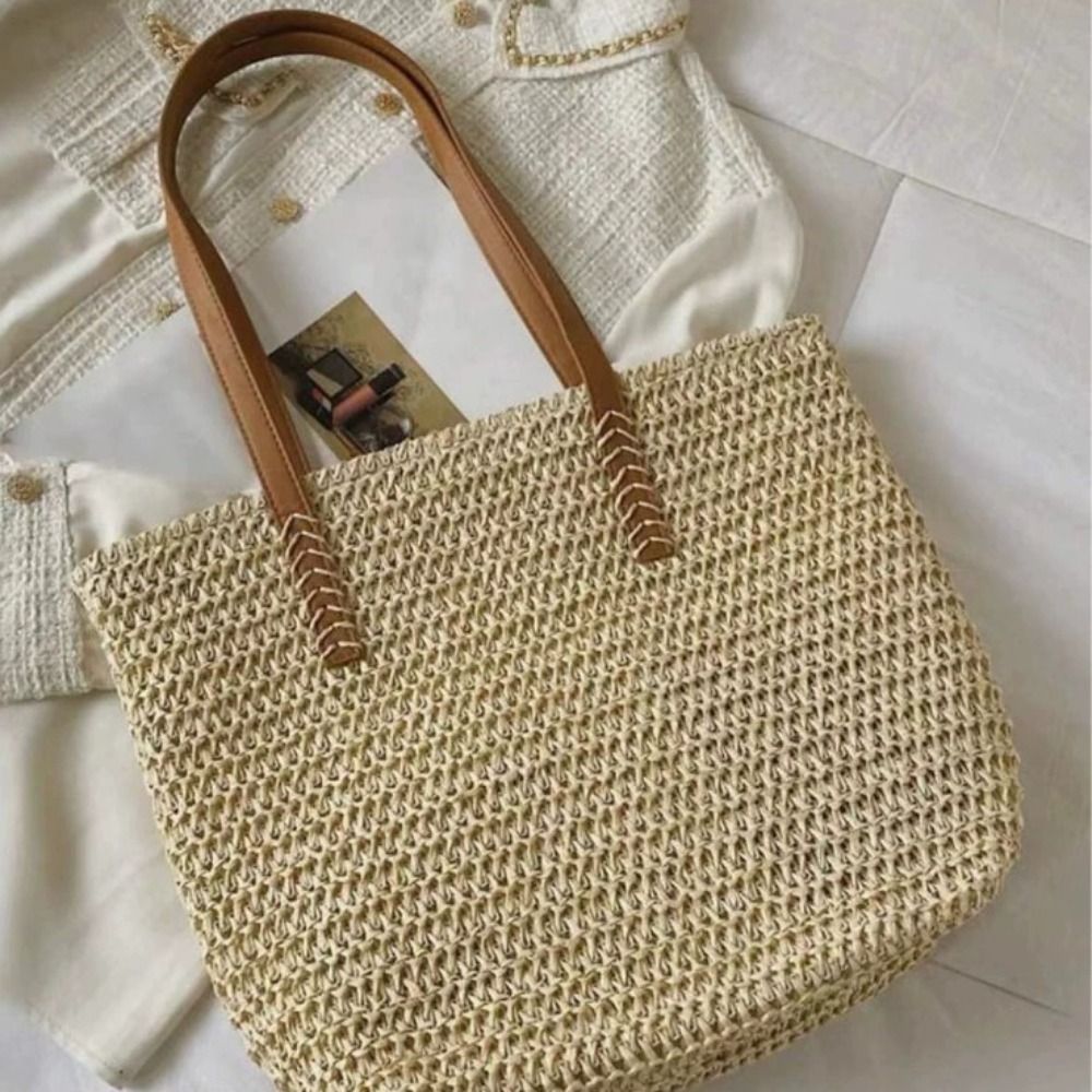 Tote Bag Beach - Tas Tote Anyaman Warna Solid yang