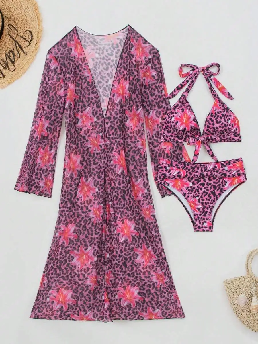 Kimono Sheer Floral - Set Bikini 3 Potong Wanita Motif