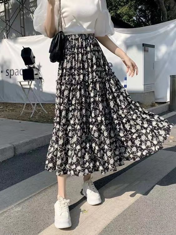 Midi Skirt Floral - Rok Midi A-Line Motif Bunga Ukuran