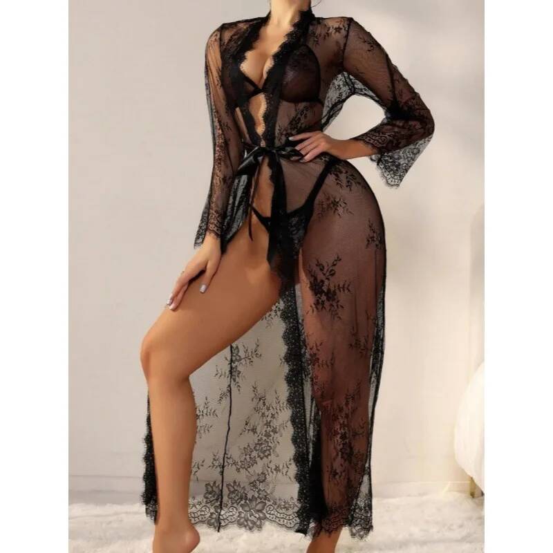Gaun Tidur Panjang Transparan  - Kimono Sheer Floral ulasan dan harga