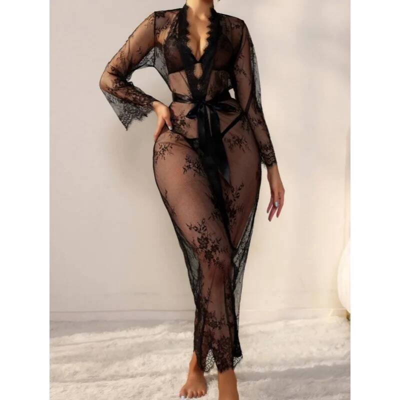 Gaun Tidur Panjang Transparan  - Kimono Sheer Floral ulasan dan harga