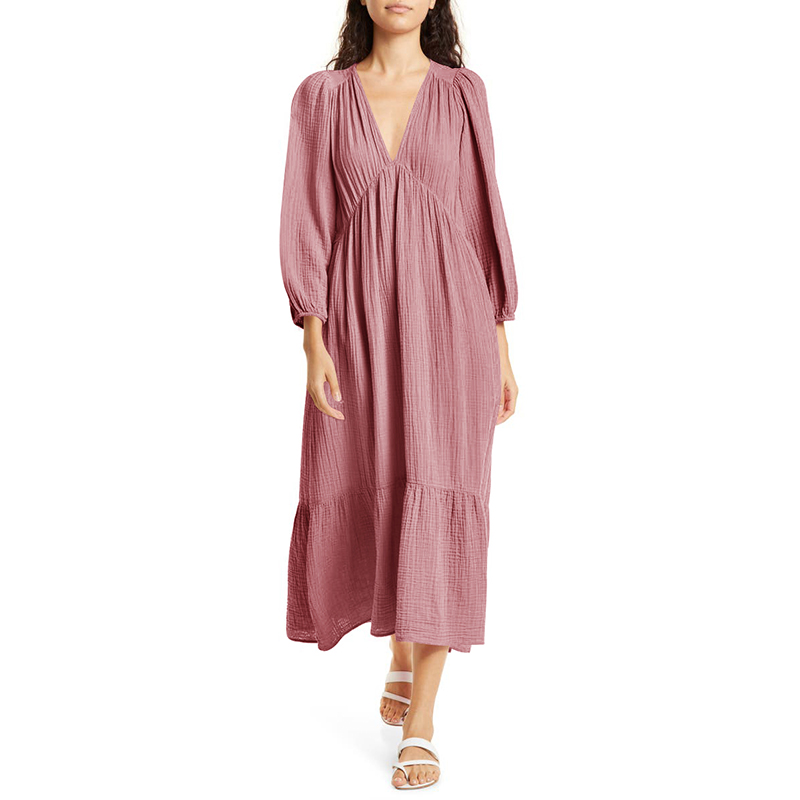 Muslin 100% gaun lengan panjan - Linen Dress Wrap ulasan dan harga