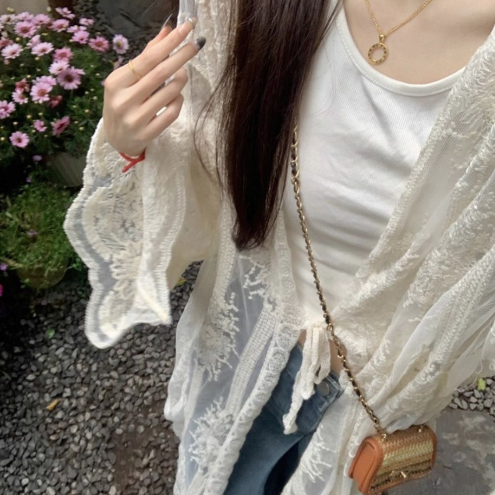 Blus renda ringan dengan tali, - Kimono Sheer Floral ulasan dan harga