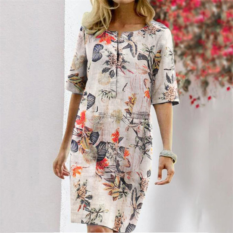 Gaun Wanita Motif Cetak Katun  - Linen Dress Wrap ulasan dan harga