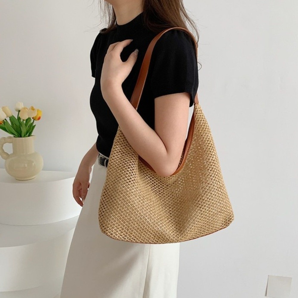 Tas Jerami Anyaman Warna Solid - Tote Bag Beach ulasan dan harga