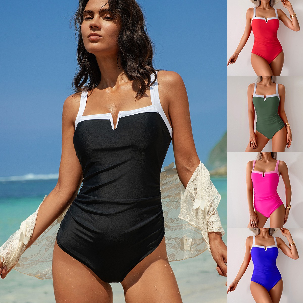 Baju Renang Hitam V-Neck Bikin - Swimsuit Bikini Ruched ulasan dan harga
