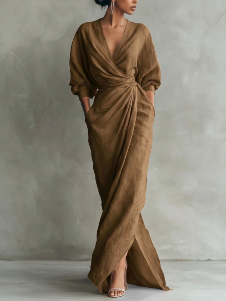 Gaun Maxi Wanita Bahan Linen C - Linen Dress Wrap ulasan dan harga