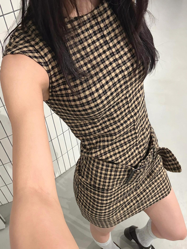 Gaun Vest Plaid Korea Retro Mo - Linen Dress Wrap ulasan dan harga