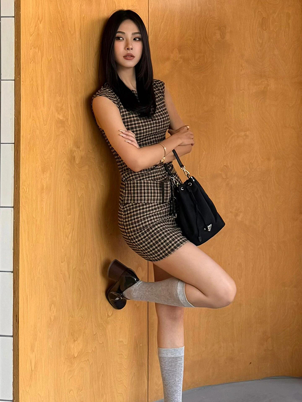 Gaun Vest Plaid Korea Retro Mo - Linen Dress Wrap ulasan dan harga