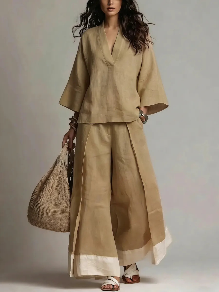 Setelan Linen Katun Kerah V Wa - Linen Pant Wide ulasan dan harga