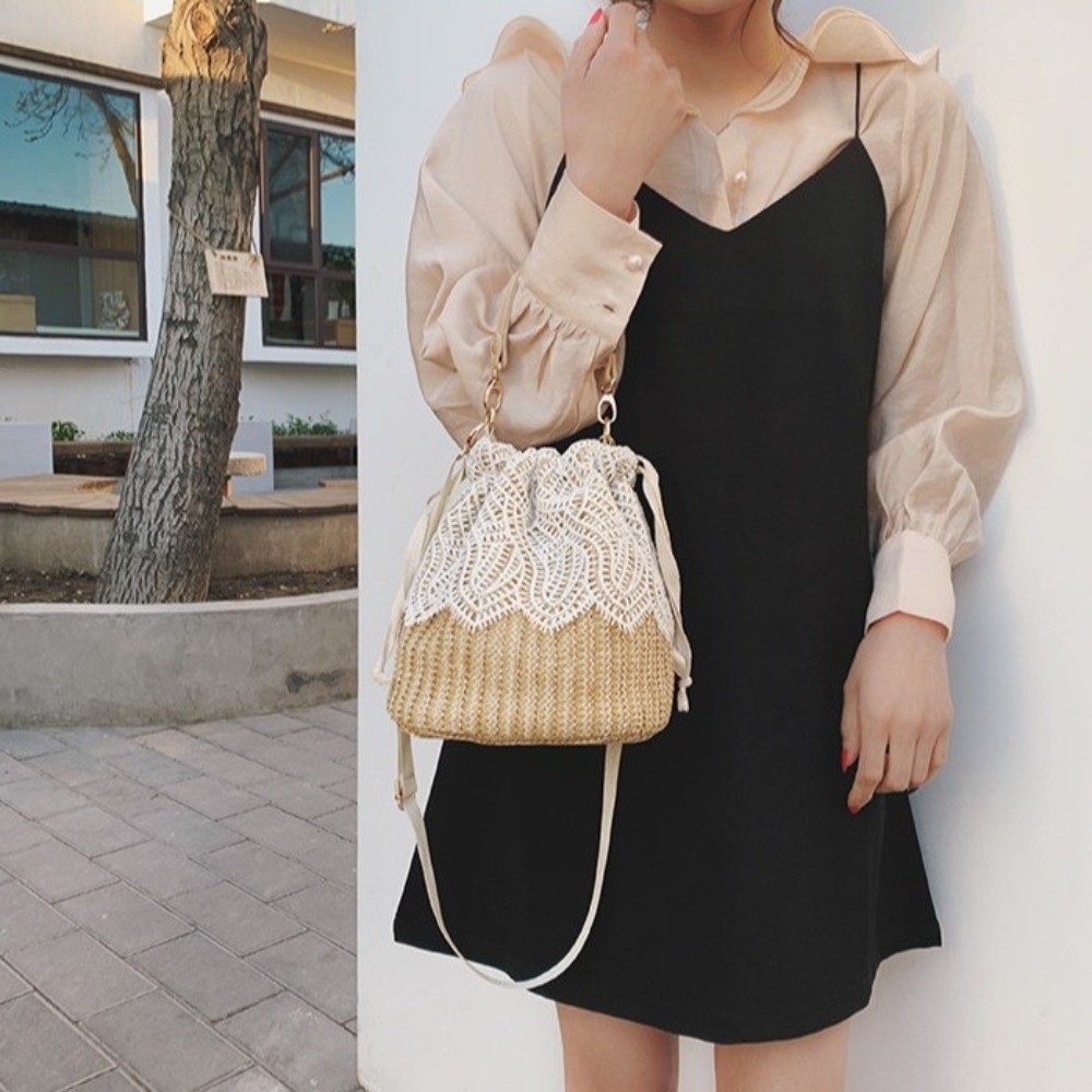 Tas Bahu Jerami Renda Vintage  - Tote Bag Beach ulasan dan harga