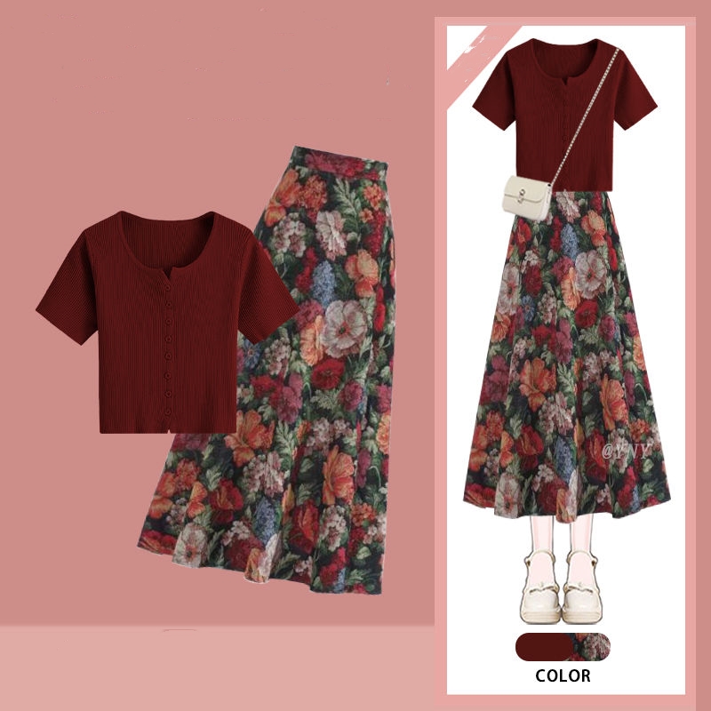 Kaus Merah Anggur Keberuntunga - Midi Skirt Floral ulasan dan harga