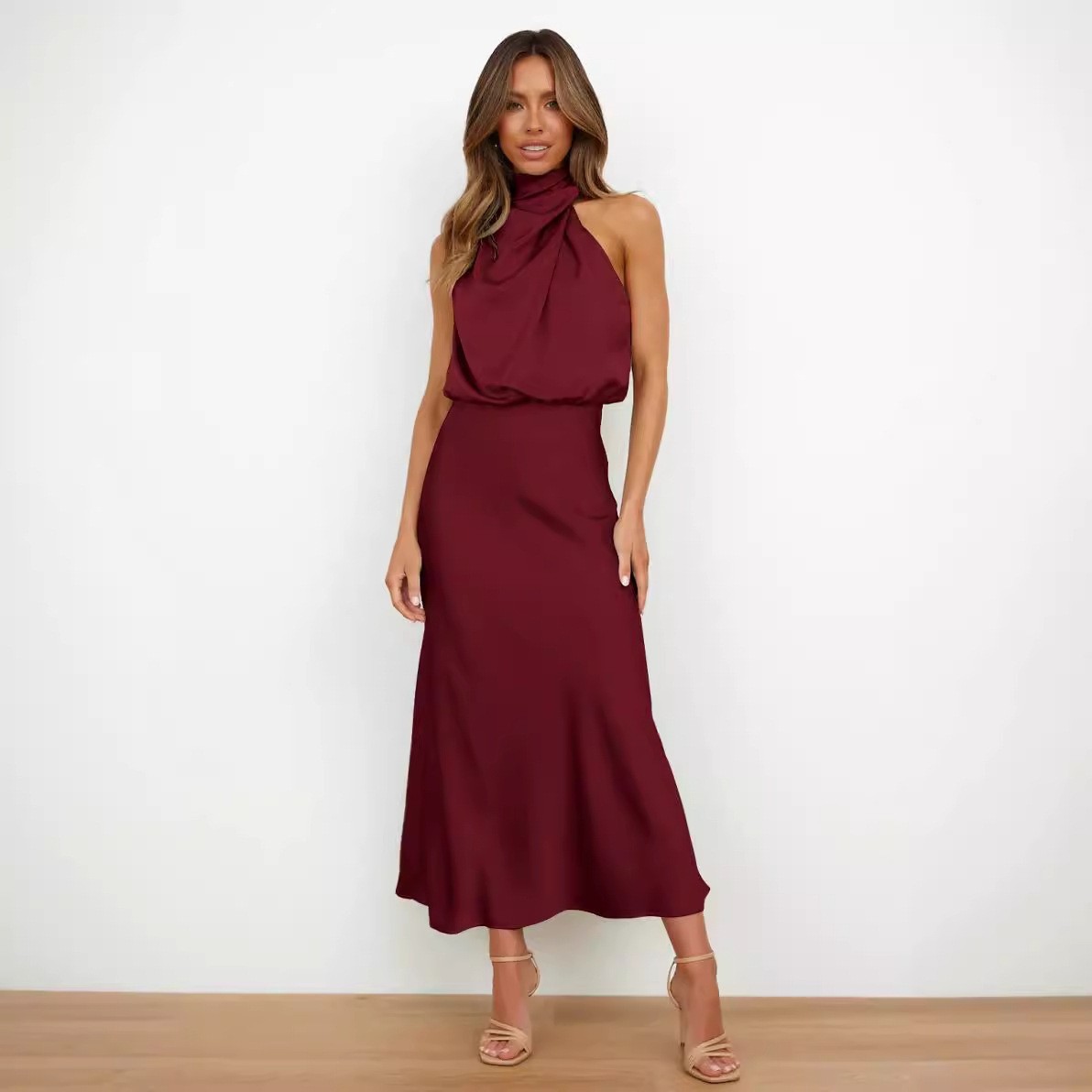 Gaun Satin Tanpa Lengan Kerah  - Maxi Dress Halter ulasan dan harga
